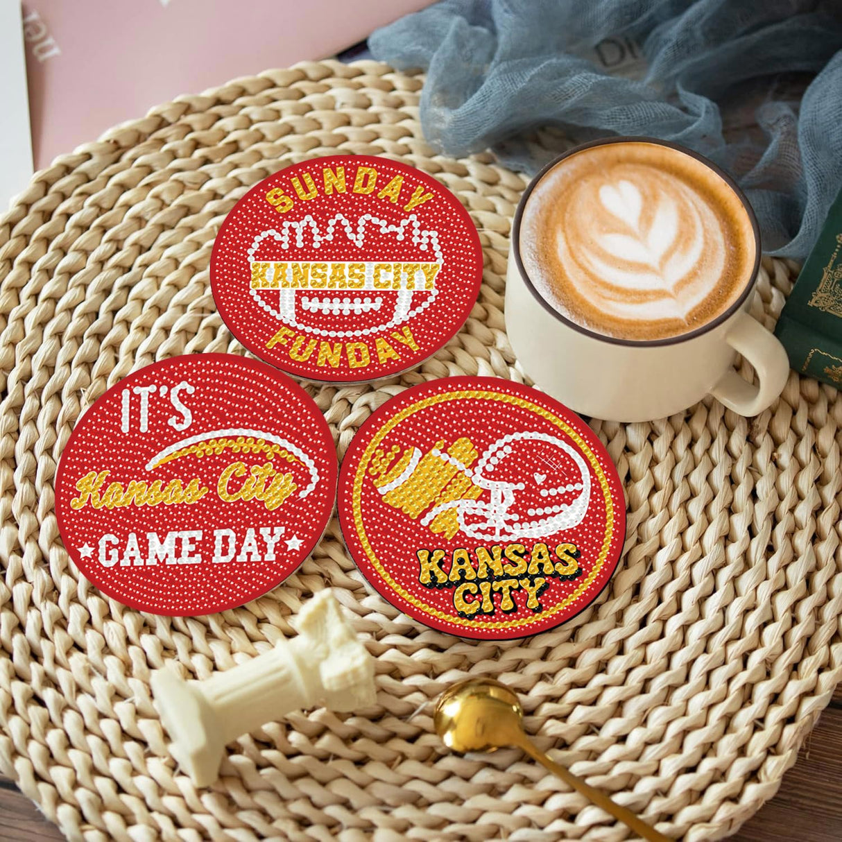 Bartogro 8 Pcs Diamond Painting Coaster Kits, DIY Football Diamond Art Coasters with Holder Sports Diamond Art Crafts Supplies for Kansas City Design Bartogro