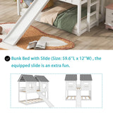Polibi Slide Wooden Bunk Bed with Windows, Ladder, Guardrails and Twin Size in White Polibi