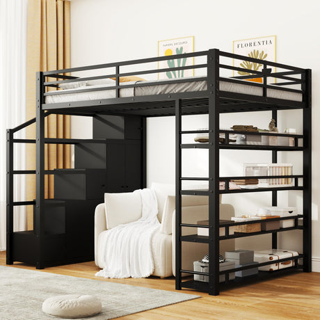 SOFTSEA Full Size Loft Bed with Storage Stairs, Full Metal Loft Bed with Wardrobe, Shelves, Cabinets and Wardrobe for Adults, Stairway Loft Bed Heavy Duty with Storage Steps for Kids Teens, Black SOFTSEA