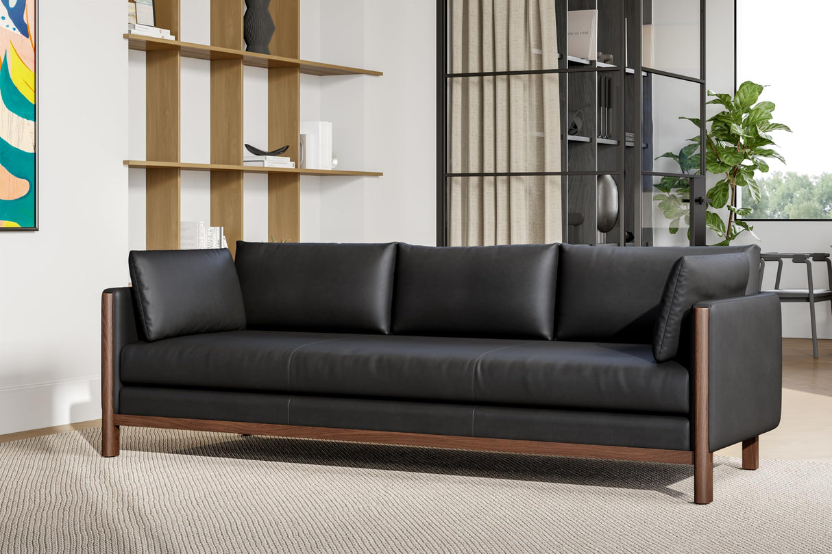 Valencia Matera 93” Black 3 Seater Full Leather Sofa | Modern Nappa Leather Couch with 2 Pillows for Living Room Furniture | Canadian Hardwood, One-Piece Curved Frame Lounge Sofa VALENCIA THEATER SEATING