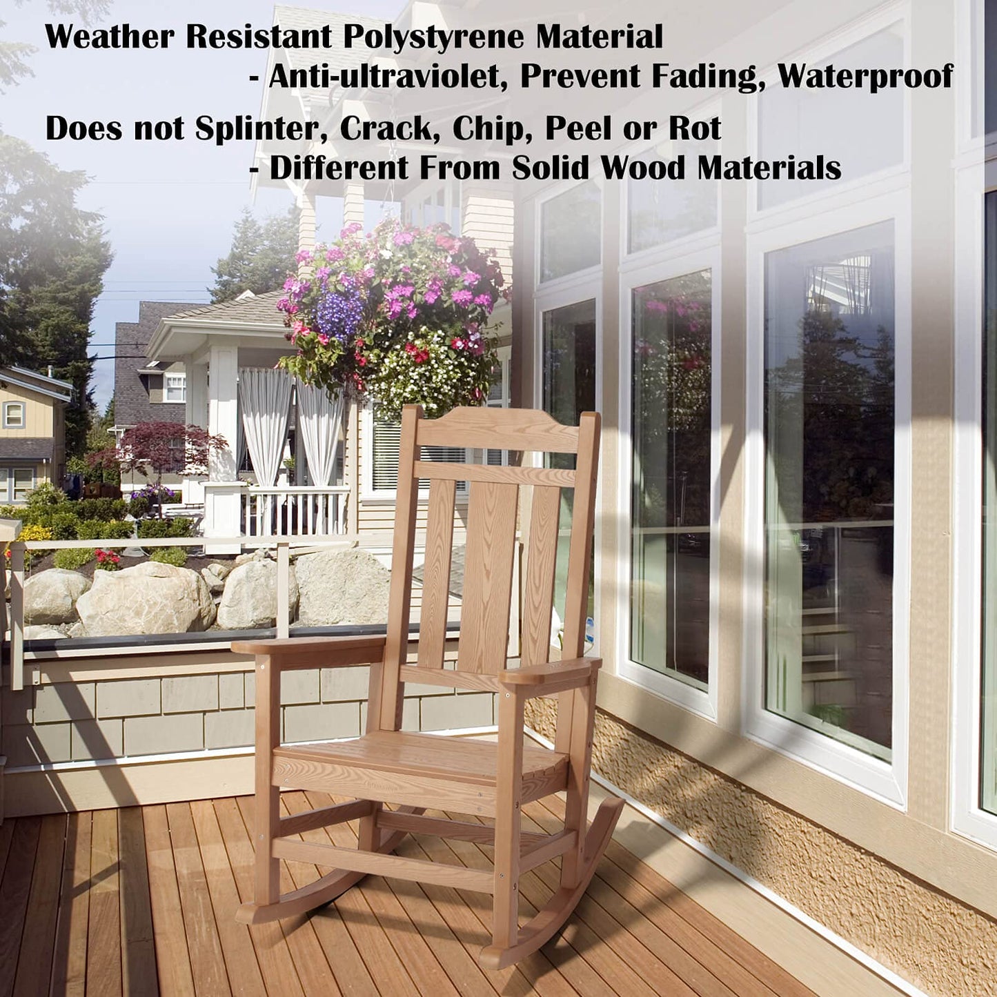 hOmeHua Patio Rocking Chair, All Weather Resistant Outdoor Indoor Fade-Resistant Patio Rocker Chair，Stable Durable Smooth Rocking, Comfortable Easy to Maintain - Wood Color - WoodArtSupply