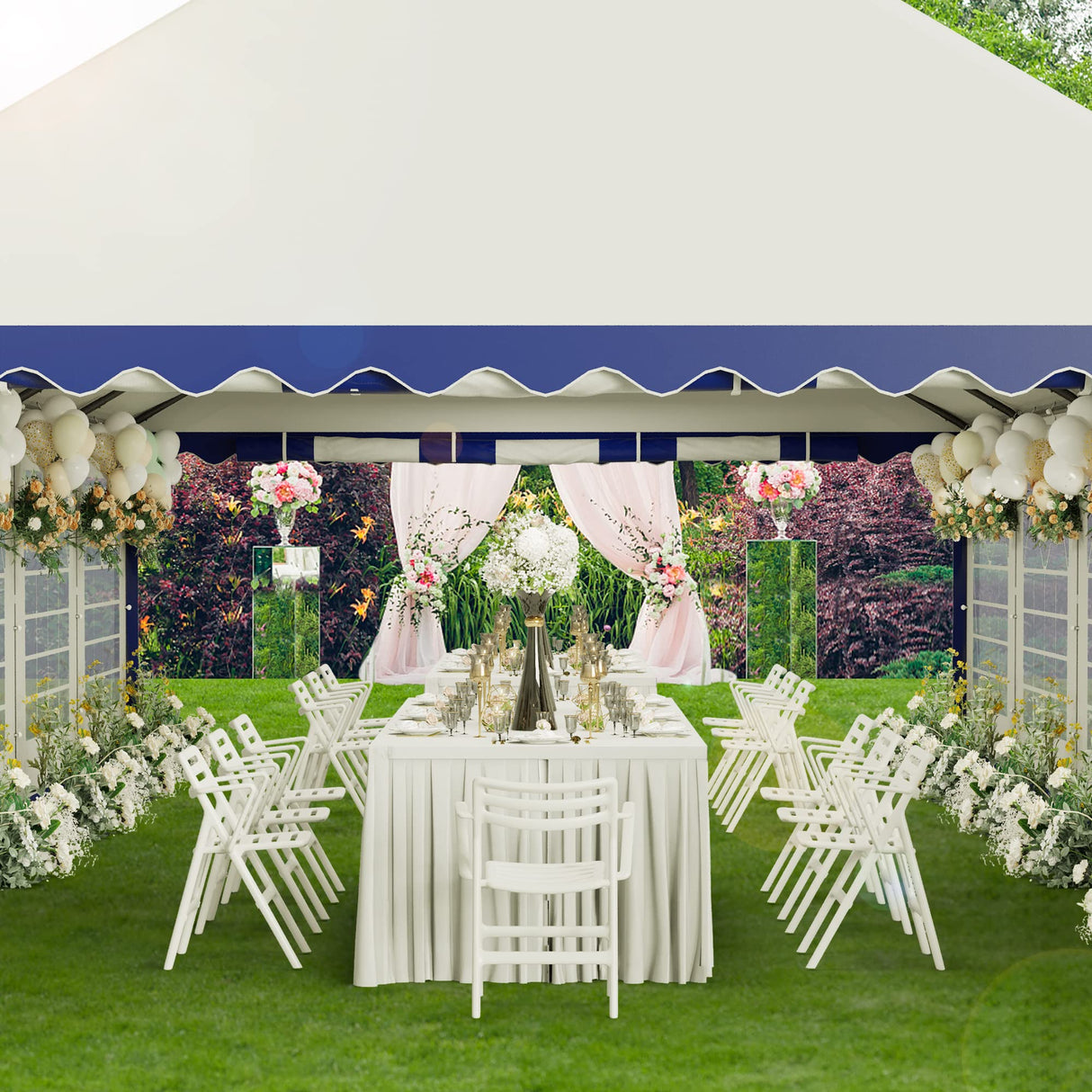 PHI VILLA 40 ft. x 20 ft. Large Outdoor Canopy Wedding Party Tent with Removable Side Walls & 7 Storage Bags, White with Blue Stripes PHI VILLA