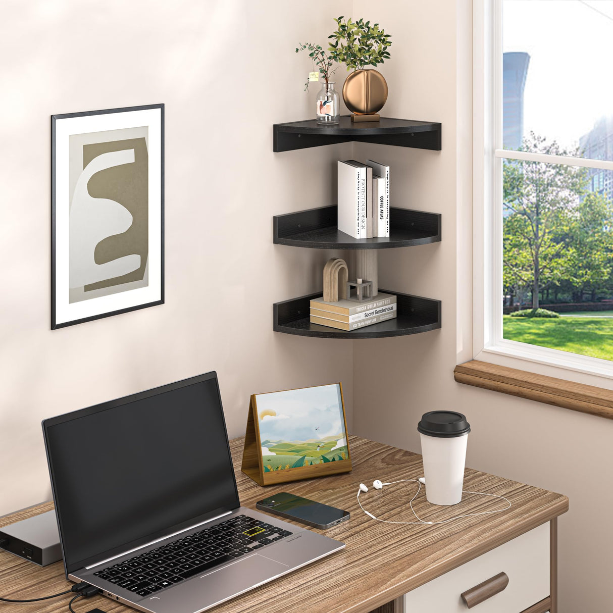 Fun Memories Corner Shelf Wall Mount, Wood Floating Corner Shelves, Corner Wall Shelf for Bedroom, Bathroom, Kitchen, Living Room (Black, 3 Pack) Fun Memories