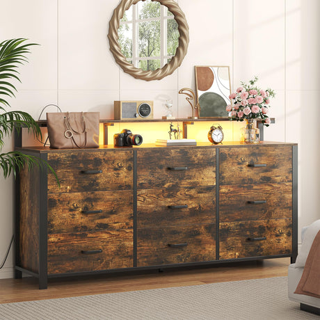 Frmobepts 63'' Rustic Brown Dresser for Bedroom, 9 Drawer Dresser with Power Outlet and Led Lights, Bedroom Furniture with Wooden Drawer and Metal Frame, TV Stand with Deep Drawer Storage Frmobepts