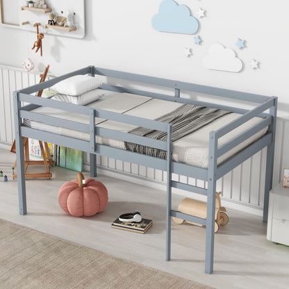 UOCFYK Twin Size Low Loft Bed for Kids, Solid Wooden Low Loft Bed Frame with Ladder and Guardrail for Small Room & Low Ceiling Bedrrom, No Box Spring Required, Slat Support, Grey