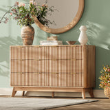 TROJM 47'' Wide 6 Drawers Dresser for Bedroom,Modern Fluted Vertical Chest with Rounded Corners,Fluted Dresser for Living Room,Hallway, Natural Wood TROJM