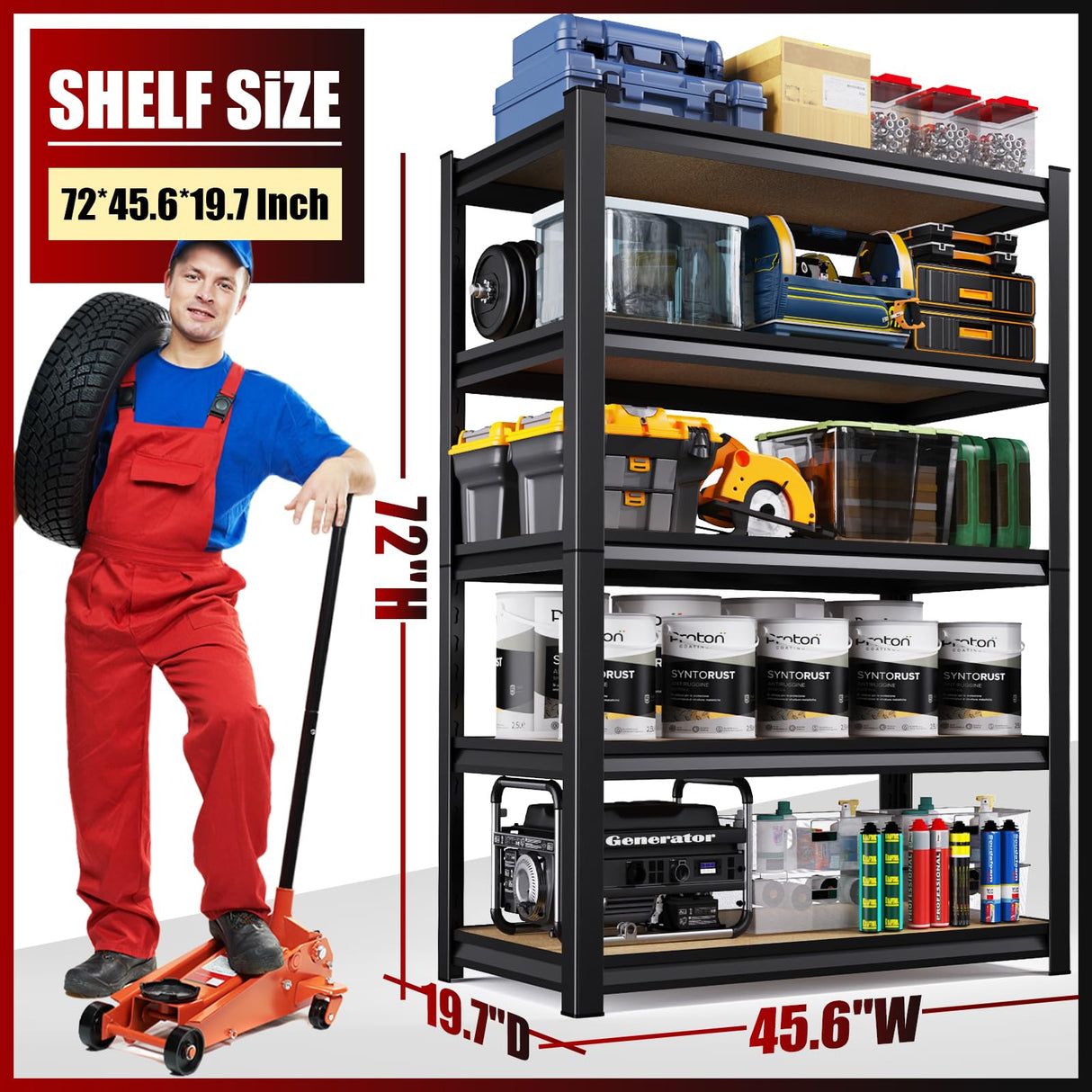 72''H/45''W Garage Shelving Heavy Duty 5-Tier Adjustable Storage Shelves Unit,2500 LBS Metal Utility Rack Shelf for Industries, Warehouses, Basement,Black LBVSKK