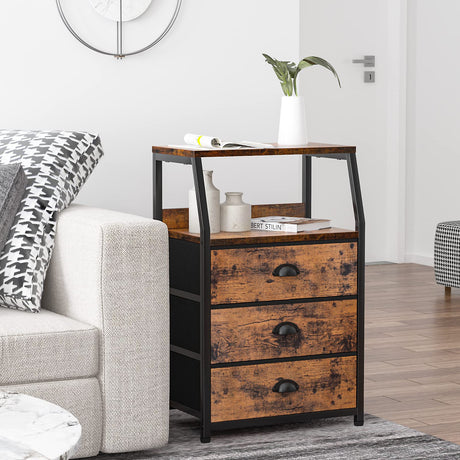 Furnulem Nightstand with 3 Drawers and 2-Tier Shelf, Fabric Small Dresser Organizer Vertical Storage Tower for Bedroom, Closet, Hallway, Nursery, End Table Side Furniture, Sturdy Steel Frame, Wood Top Furnulem