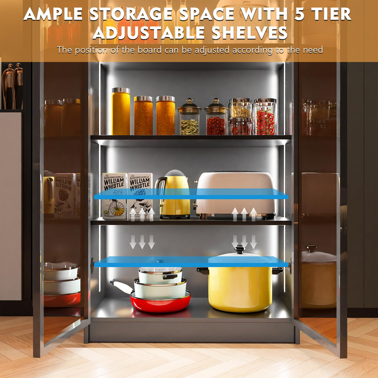 Lvifur Tall Storage Cabinet up to 70", LED Kitchen Pantry Cabinet with Human Body Induction, 5 Tier Bookcase Display Cabinet with Adjustable Shelves for Living Room Office (Black) Lvifur