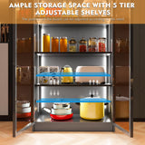 Lvifur Tall Storage Cabinet up to 70", LED Kitchen Pantry Cabinet with Human Body Induction, 5 Tier Bookcase Display Cabinet with Adjustable Shelves for Living Room Office (Black) Lvifur