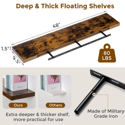 Fun Memories Floating Shelves 48 Inch Long, 9.3 Inch Deep Wall Shelf for Fireplace Mantel, Rustic Farmhouse Wooden Shelves for Wall Decor Bathroom, Kitchen, Office, Rustic Brown, Set of 1