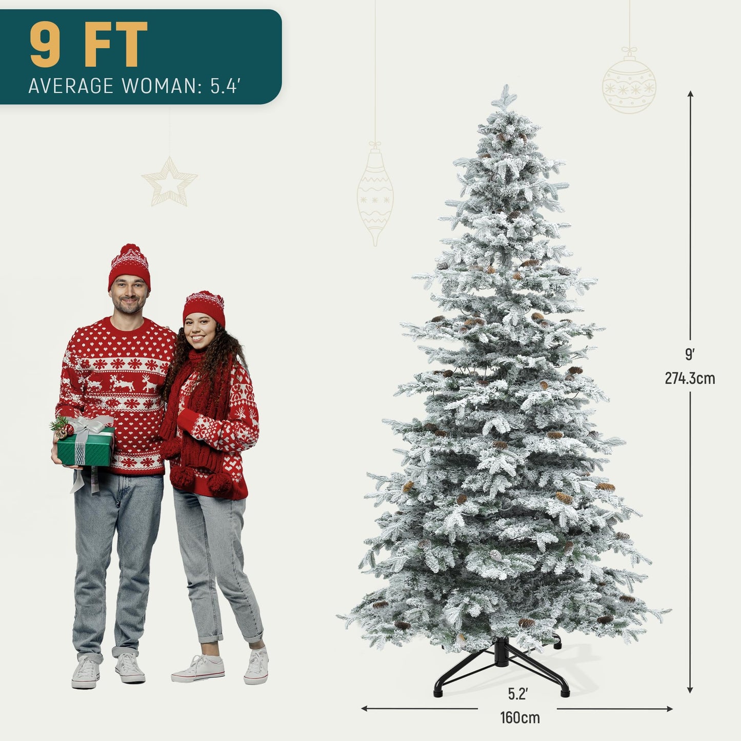 YITAHOME Pre-Lit Mountain Pine Flocked Artificial Christmas Tree, 9FT Pre-Decorated Pine Hierarchical Tower Flocked Christmas Tree, 1818 Branch Tips, 820 Lights, 80 Pine Cones for Party Home Deco