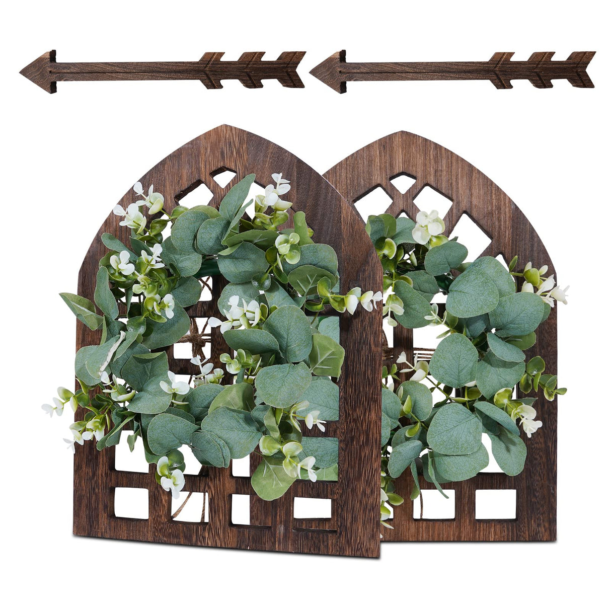 WAKOSAN Rustic Wood Window Frame with Green Wreath and Arrows Wall Decor，Farmhouse Wall Decor, Wooden Fake Window Decoration,Window Pane Wall Decor,Set of 2 (windows brown) WAKOSAN