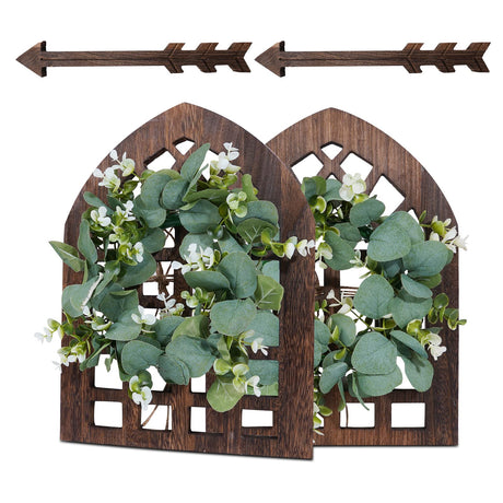 WAKOSAN Rustic Wood Window Frame with Green Wreath and Arrows Wall Decor，Farmhouse Wall Decor, Wooden Fake Window Decoration,Window Pane Wall Decor,Set of 2 (windows brown) WAKOSAN