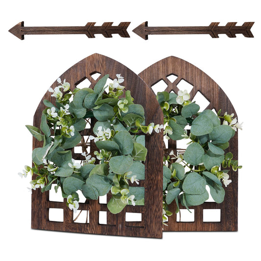 WAKOSAN Rustic Wood Window Frame with Green Wreath and Arrows Wall Decor，Farmhouse Wall Decor, Wooden Fake Window Decoration,Window Pane Wall Decor,Set of 2 (windows brown) - WoodArtSupply