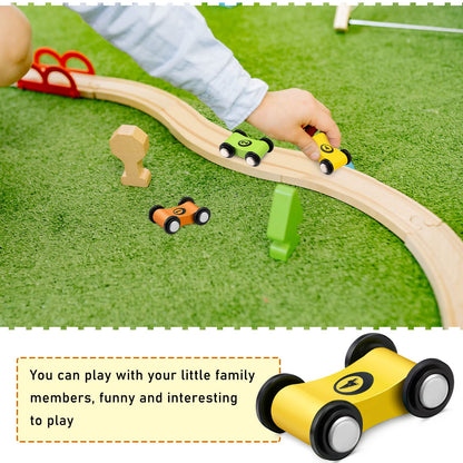 4 Pieces Wooden Car Ramp Race Track Toys for Aged 1 2 3, Christmas Party Present Wooden Car Ramp Racer Mini Cars Play Set Replacement Cars, 4 Pieces