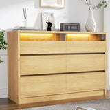 Jocoevol Modern 6 Drawer Dresser for Bedroom with LED Light, Large Chest of Drawers with Hidden Handles, Double Wooden Dresser Closet for Living Room, Entryway, Hallway - Natural Wood Jocoevol
