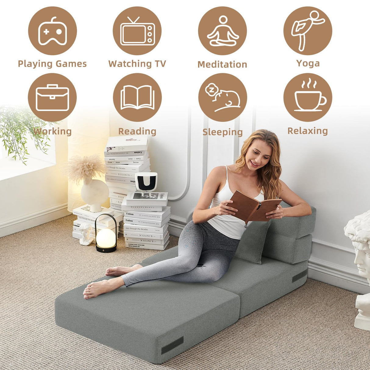 FILUXE Convertible Folding Sofa Bed - Sleeper Chair with Pillow, Modern Linen Fabric Floor & Futon Couch, Foldable Mattress for Living Room/Dorm/Guest Use/Home Office/Apartment, Single Size Light Gray FILUXE