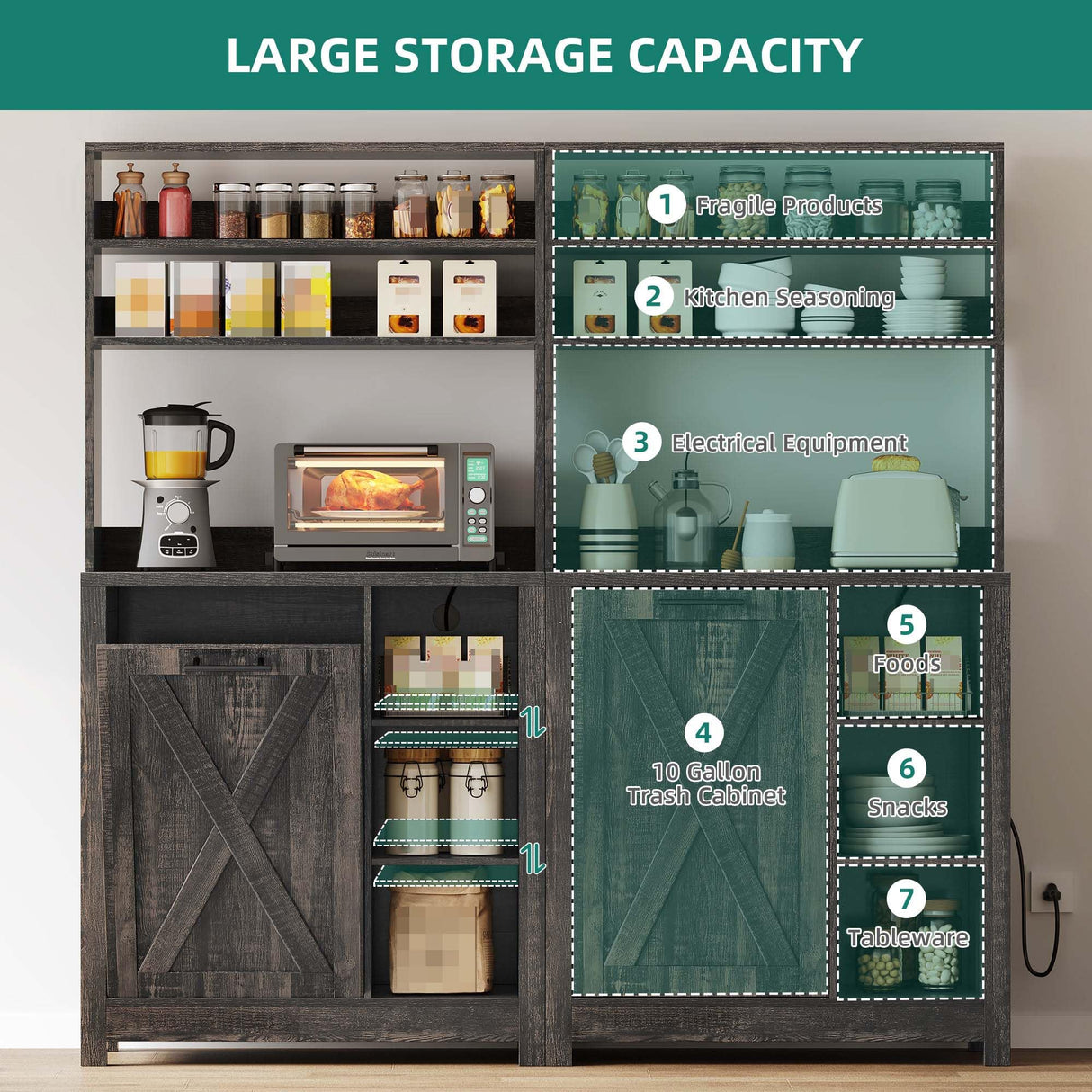 YITAHOME Bakers Rack Microwave Stand with Trash Can Storage Bin Cabinet and Power Outlet, 6-Tiers Farmhouse Kitchen Tall Thickened Coffee Bar Station with Adjustable Shelf (Rustic Oak) YITAHOME