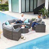 SUNSITT Outdoor Patio Furniture 11-Piece Half-Moon Sectional Round Set Curved Sofa with Tempered Glass Coffee Table, 4 Pillows, Grey Rattan SUNSITT