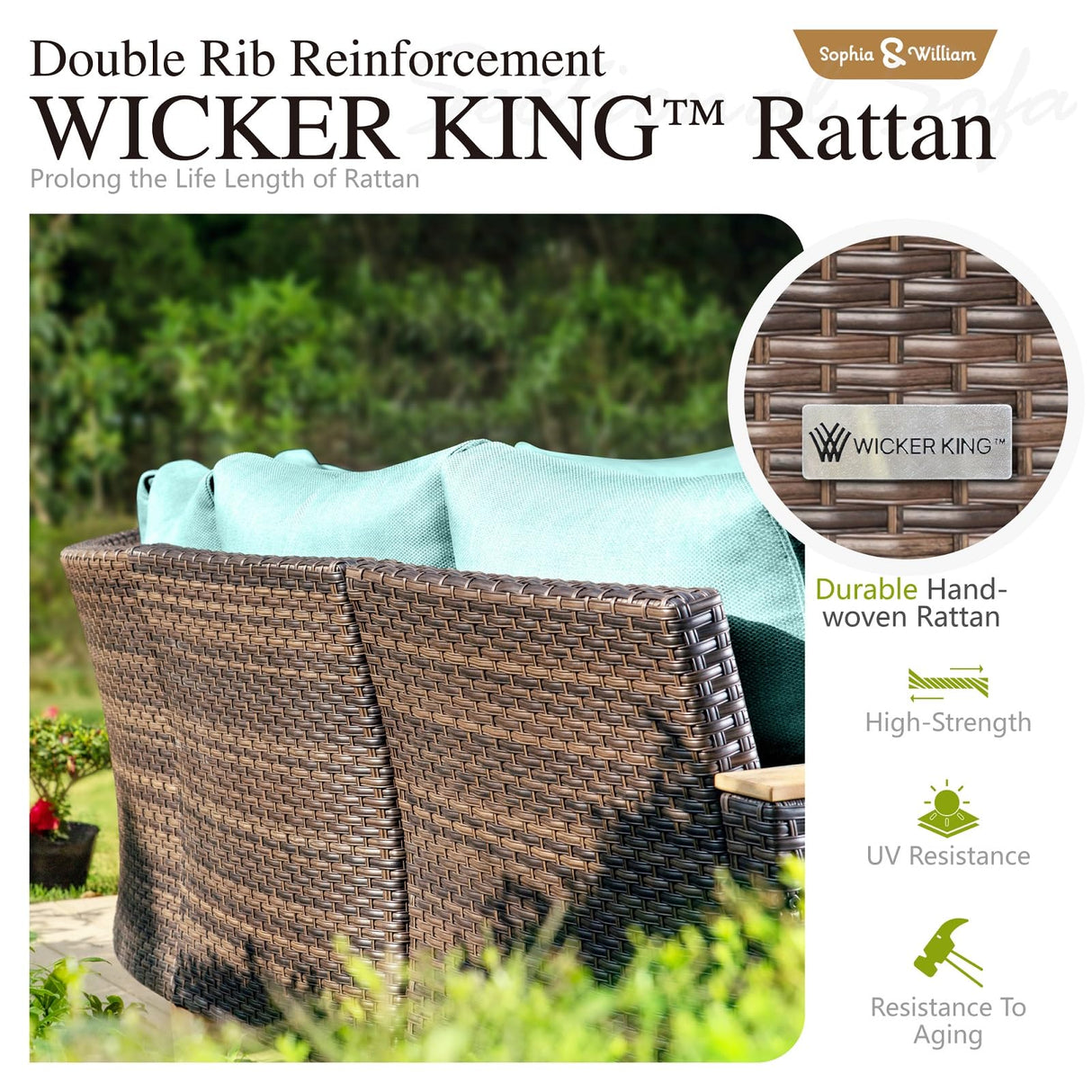 Sophia & William Patio Furniture Set, 10 Piece Half Moon Outdoor Wicker Sectional Sofa Set, High Back Rattan Conversation Set with Ottoman for Backyard, Deck, Pool(Aqua Blue) Sophia & William