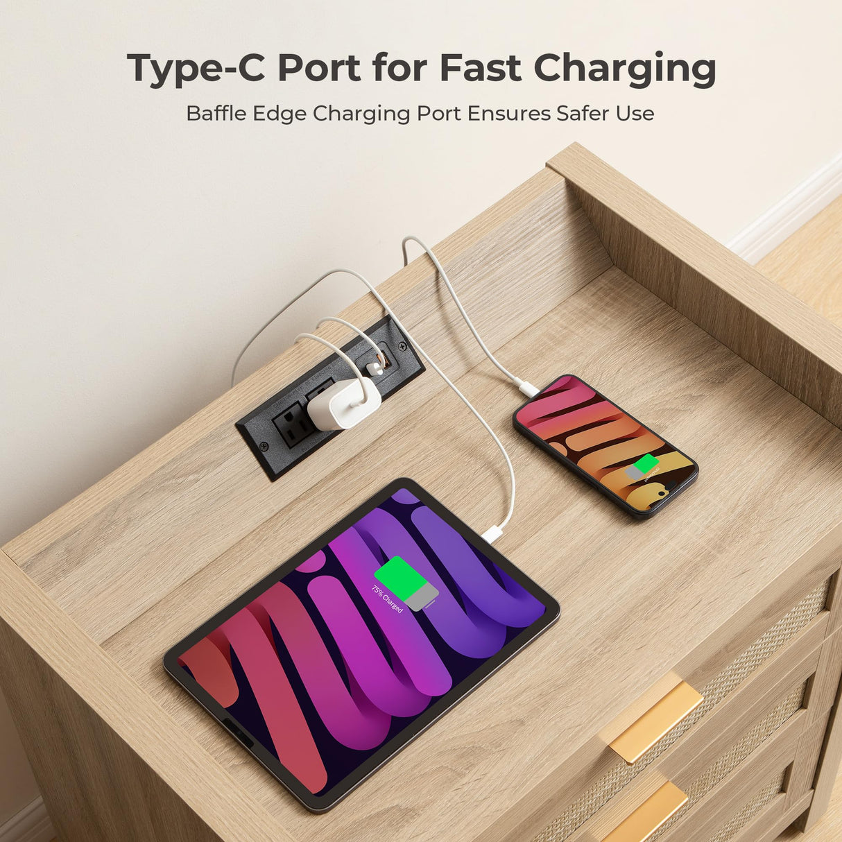 SICOTAS Rattan Nightstands Set of 2 Bedside Table - Larger Night Stand with Type-C Charging Station, 3 Drawers Storage - Boho Night Stands End Table for Bedroom - Light Oak SICOTAS