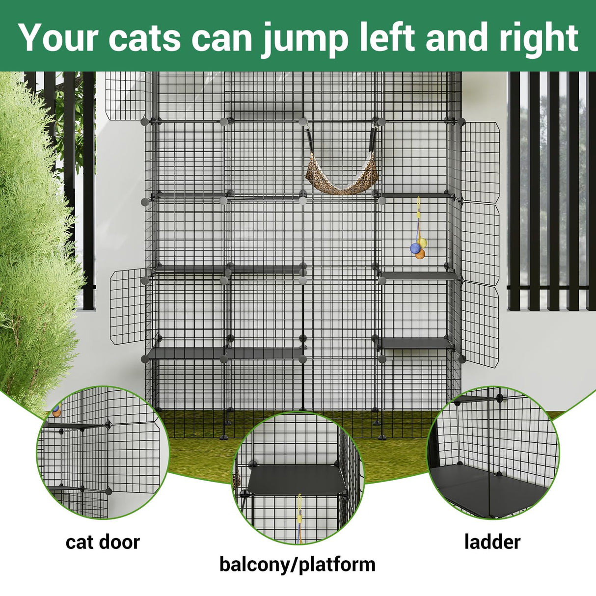 LotFun Large Cat Cage, 5-Tier DIY Catio Outdoor Cat Enclosure, Cat House with 5 Door 12 Jumping Platforms Hammock, Detachable Patio Cat Crate Ideal for 1-4 Cats LotFun