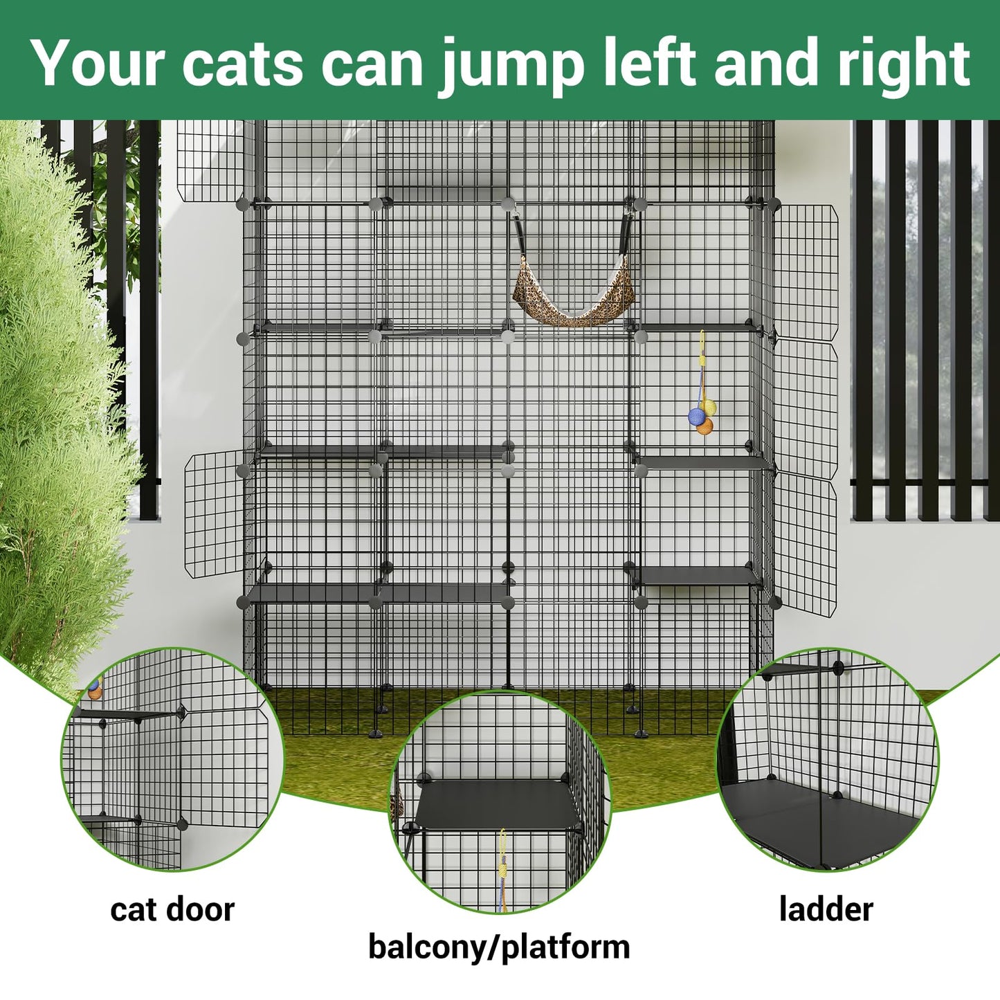 LotFun Large Cat Cage, 5-Tier DIY Catio Outdoor Cat Enclosure, Cat House with 5 Door 12 Jumping Platforms Hammock, Detachable Patio Cat Crate Ideal for 1-4 Cats