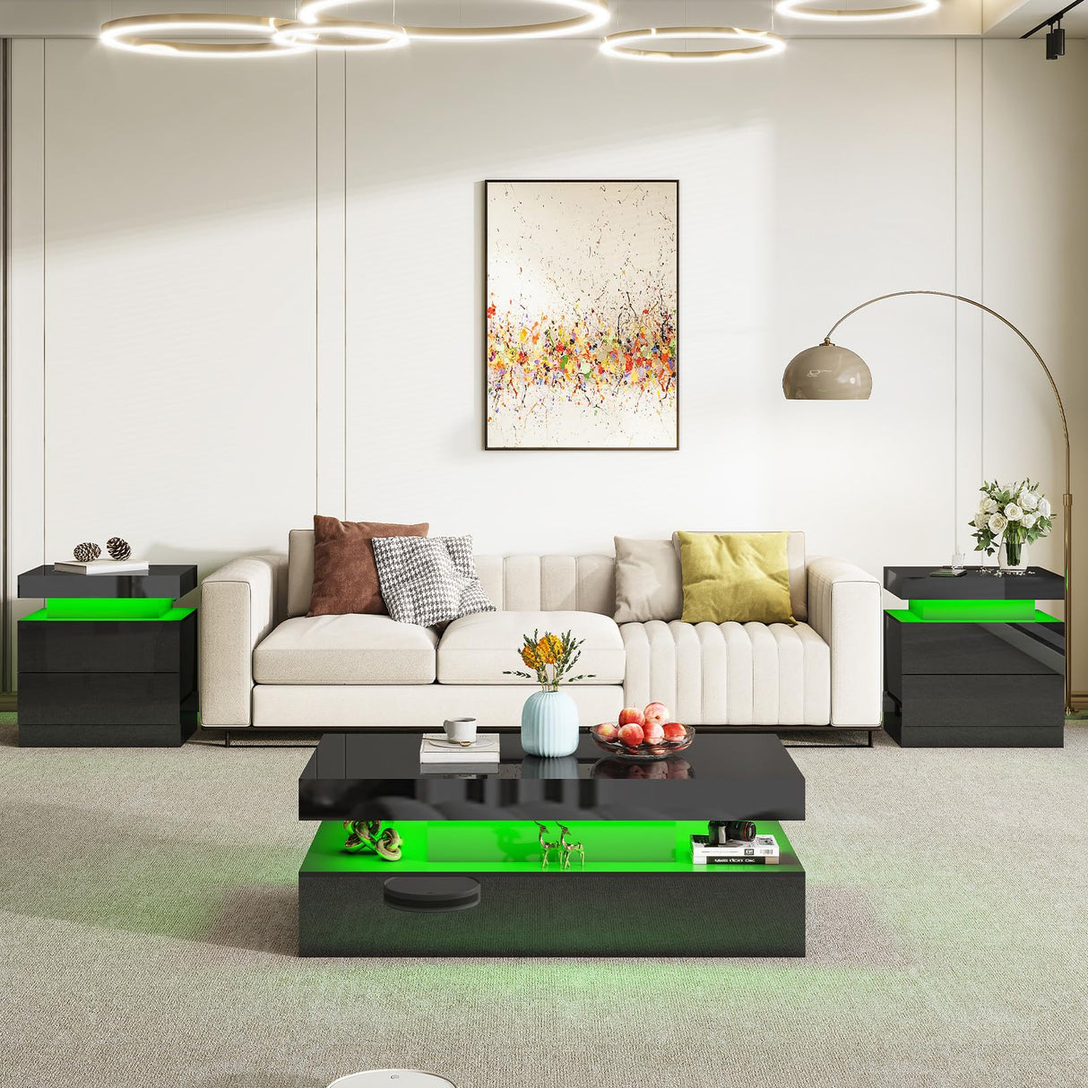 AMERLIFE High Gloss LED Coffee Table, Modern 2-Tier Center Table with LED Lights, Open Storage Space, 40in Simple Rectangular Sofa Side Table for Living Room, Black AMERLIFE