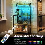 YATINEY Bakers Rack with Power Outlets and Led Lights, 4-Tier Microwave Stand, Coffee Bar Station, Kitchen Storage Shelf, Kitchen Spice Rack with S-Shaped Hooks, for Pots and Pans, Rustic Brown HB20BR YATINEY