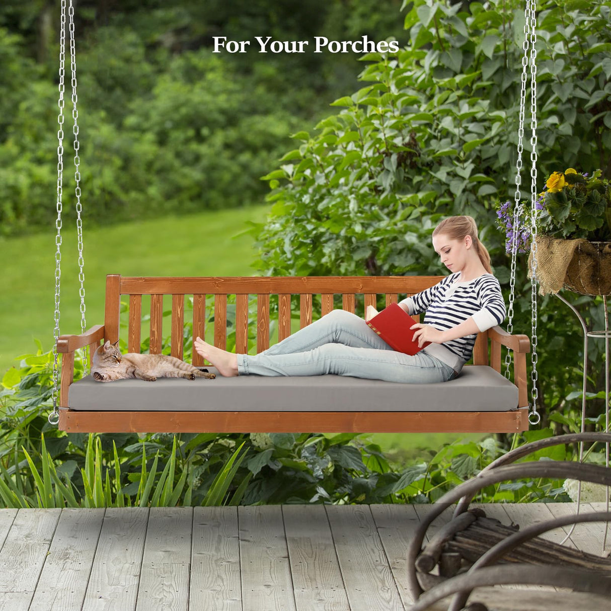 VINGLI Upgraded 6 FT Pine Wood Porch Swing Daybed, Heavy Duty 880 LBS Patio Hanging Swing Sofa Bench with Adjustable Chains and Grey Cushions, Brown Finish VINGLI