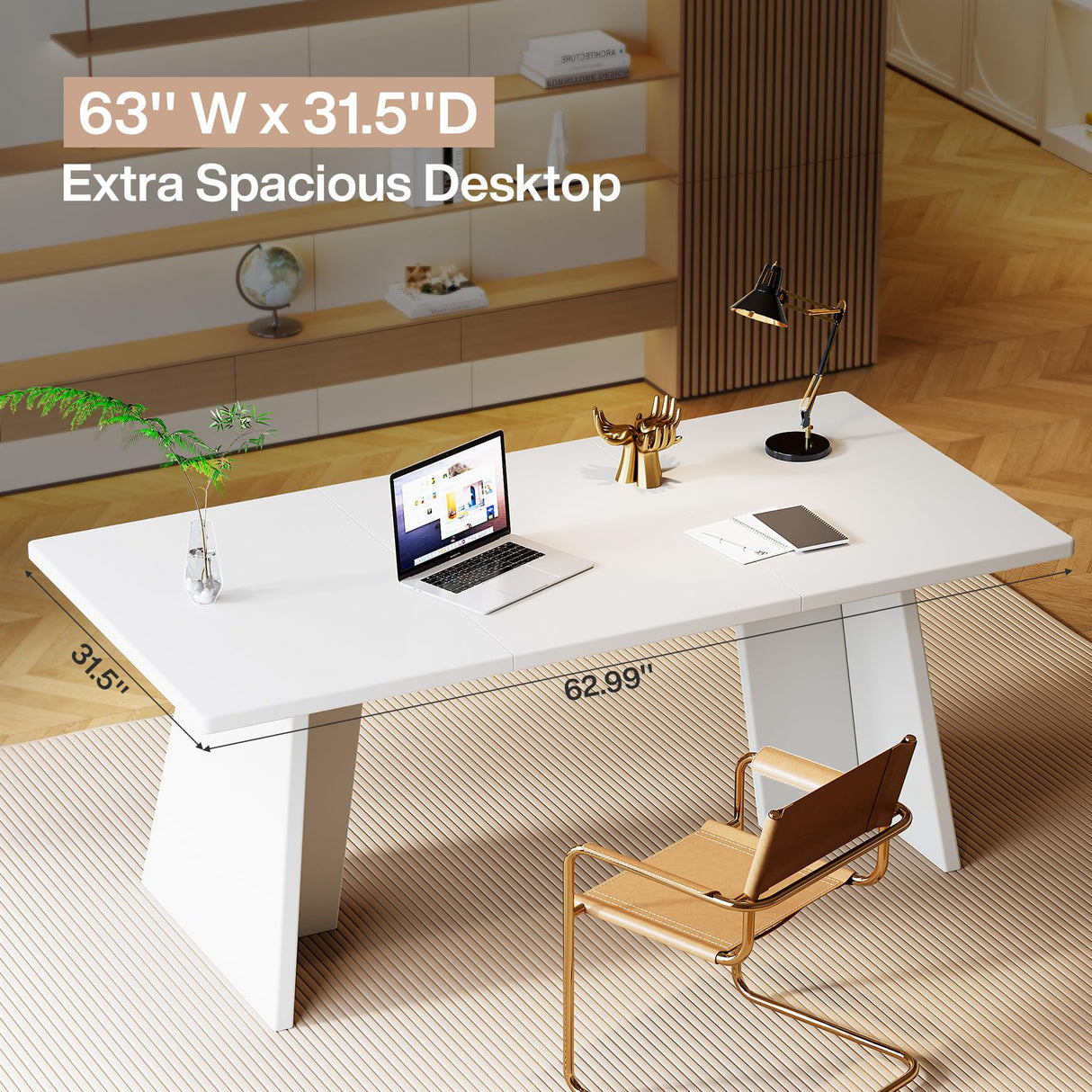 Tribesigns White Executive Desk, 63" Large Office Computer Conference Meeting Table with Wooden Robust Pedestal, Simple Modern Workstation Business Furniture for Home Office Tribesigns