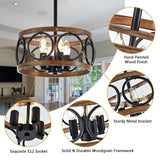 Faibra 4-Light Farmhouse Drum Pendant Light,12.6'' Nature Wood Texture Vintage Rustic Chandeliers Black Metal Industrial Hanging Light Fixtures for Entryway, Bedroom Dining Room Faibra