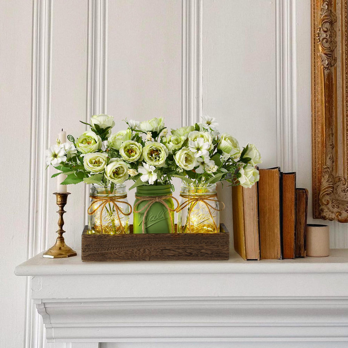 DUOER 3 Pcs Mason Jar Centerpiece Table Decorations for Dining Farmhouse Coffee Table Decor with Wood Tray and Led Light Table Centerpieces for Dining room Kitchen Living Bathroom,Green DUOER