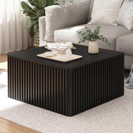 Fluted Square Coffee Table with Storage Large Wood Center Table with Solid Wood Veneer Top Mid Century Modern Low Coffee Table for Living Room, Black HOKYHOKY