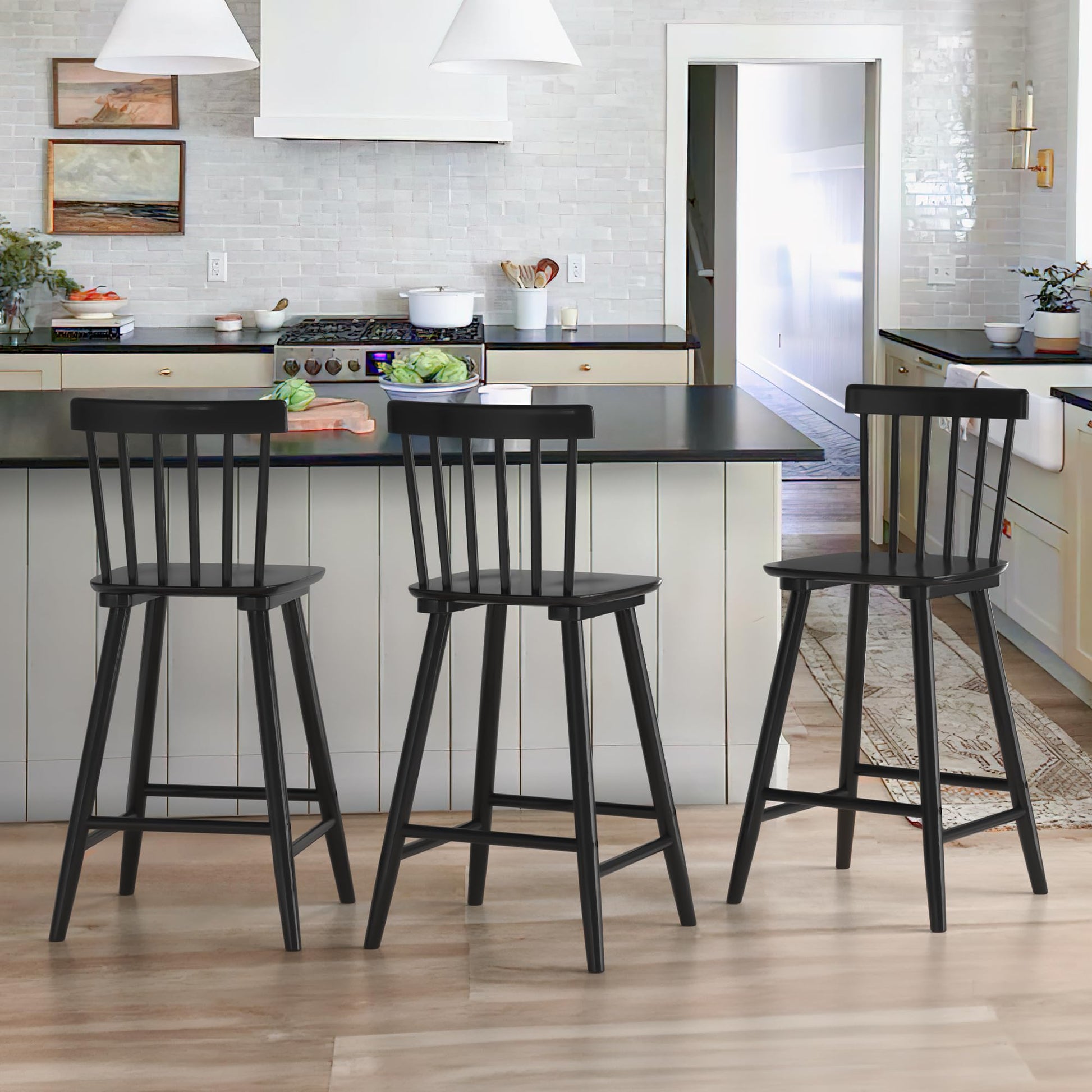 LUE BONA Windsor Wooden Bar Stools Set of 3 for Kitchen Island, Farmhouse 24 Inch Counter Height Stools Chairs with Spindle Back, Black - WoodArtSupply