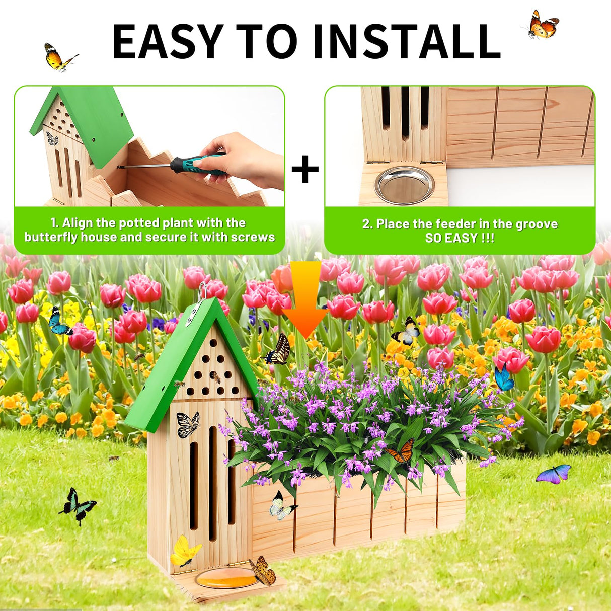 4-in-1 Butterfly House Feeder Bee House with Flower Pot, Wooden Butterfly Houses for The Garden, Butterfly Feeders for Outdoors, Natural Butterfly Garden Kit Habitat for Outside Beyoogeem