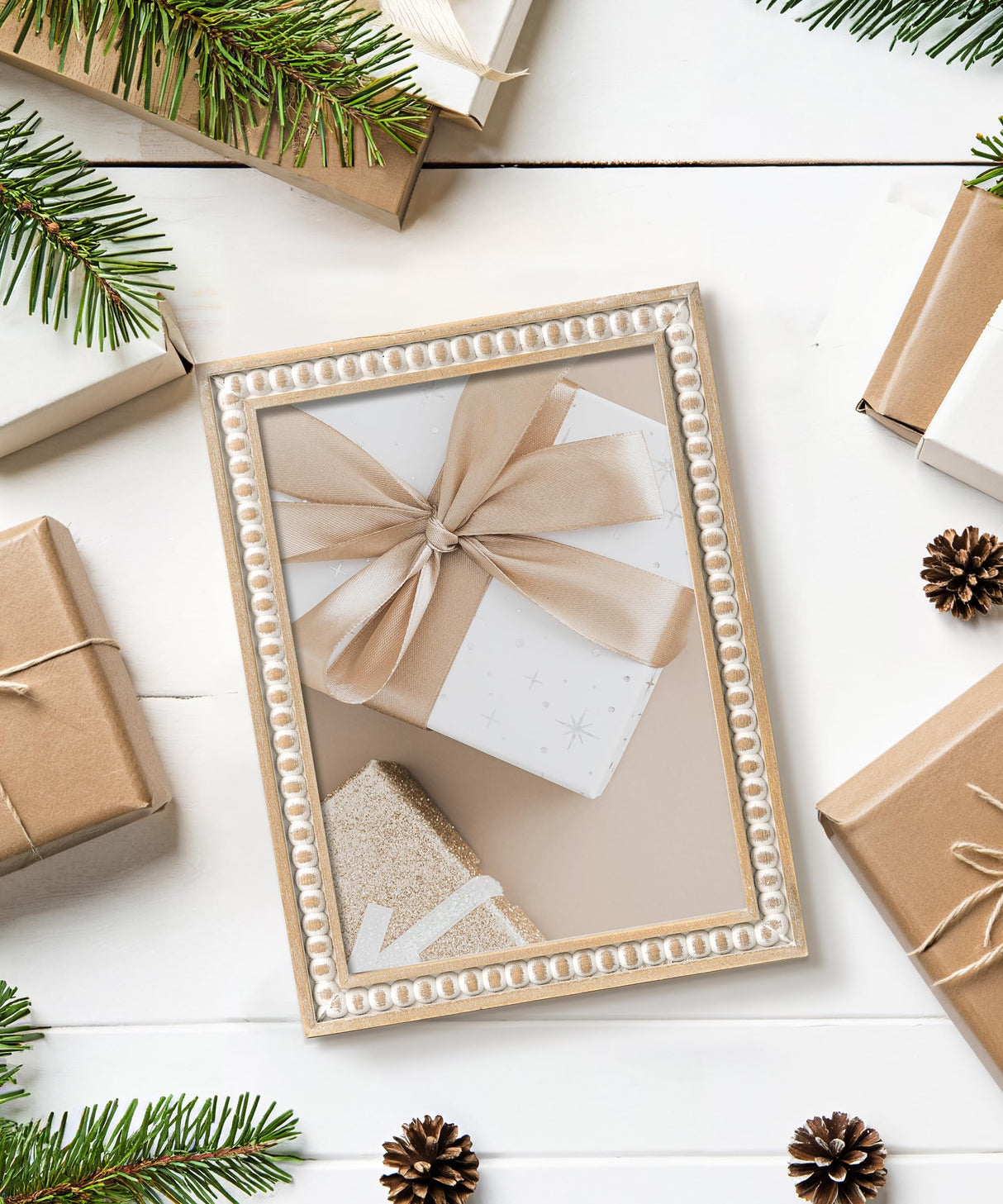 SUMGAR 5x7 Picture Frames 7x5 Photo Frame White Wood Farmhouse Boho Wall Mounted Shabby Chic Display for Desk Birthday Friend Gifts for Christmas with Decorative Distressed Pine Beads SUMGAR