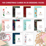 Decorably 100 Pack Foiled and Glittery Assorted 6x4in Christmas Cards Bulk with Envelopes and Stickers, 20 Adorable Designs Christmas Cards 100 Pack With Printed Message Inside Decorably