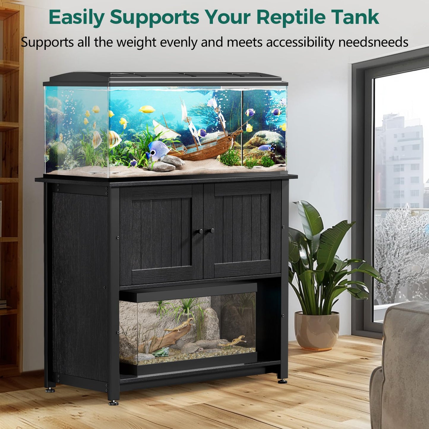 Tatub 40-50 Gallon Fish Tank Stand, Aquarium Stand with Storage Cabinet for 10-50 Gallon Fish Tank, Turtle Tank, Reptile Tank, Heavy Duty Metal Frame 1000 LBS Capacity, Dark Black - WoodArtSupply