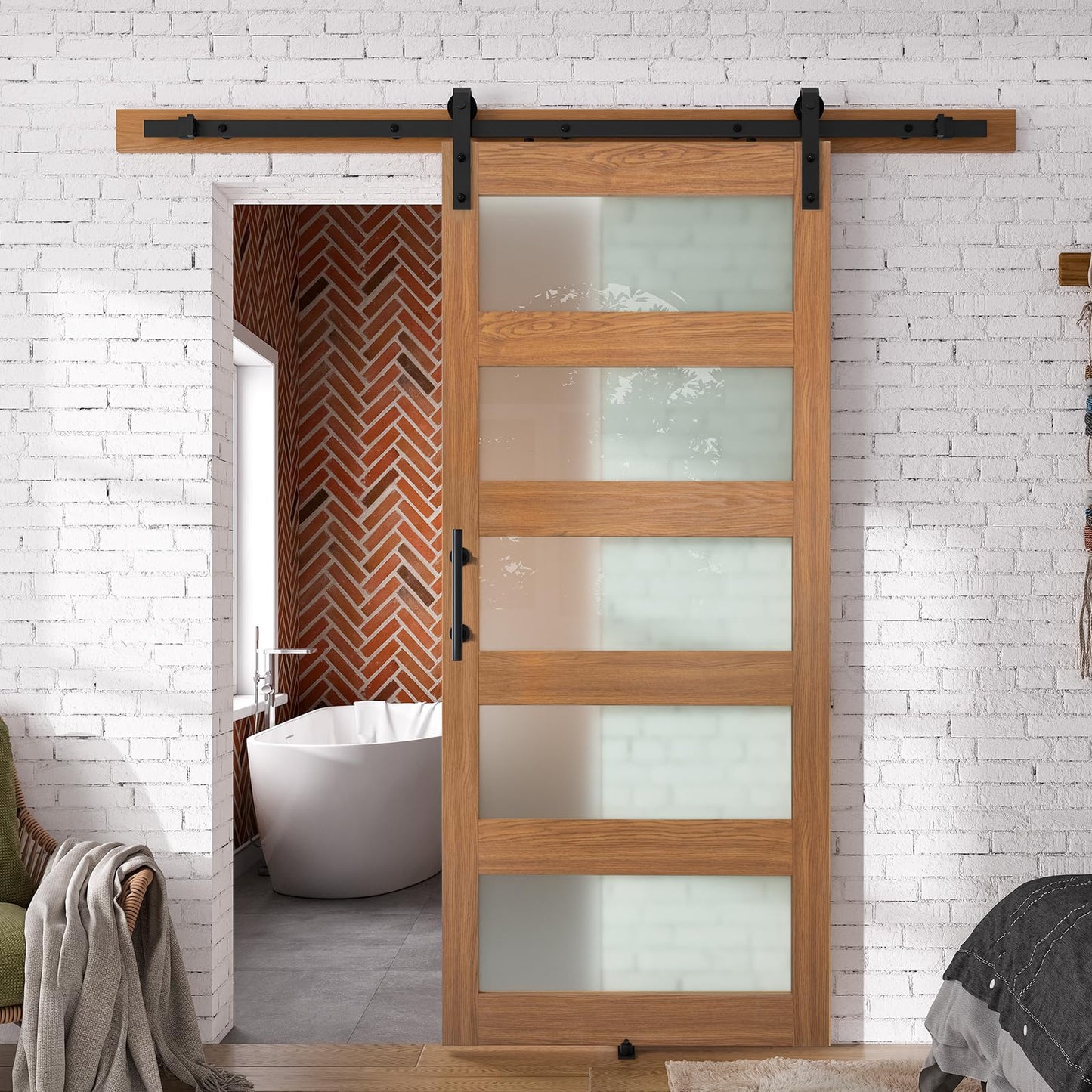 SmartStandard 36 x 84 in Glass Barn Door with 6.6FT Sliding Hardware Kit & Handle, Pre-Drilled Ready to Assemble, Waterproof PVC Coating, Classic Oak, 5-Panel Glass - WoodArtSupply