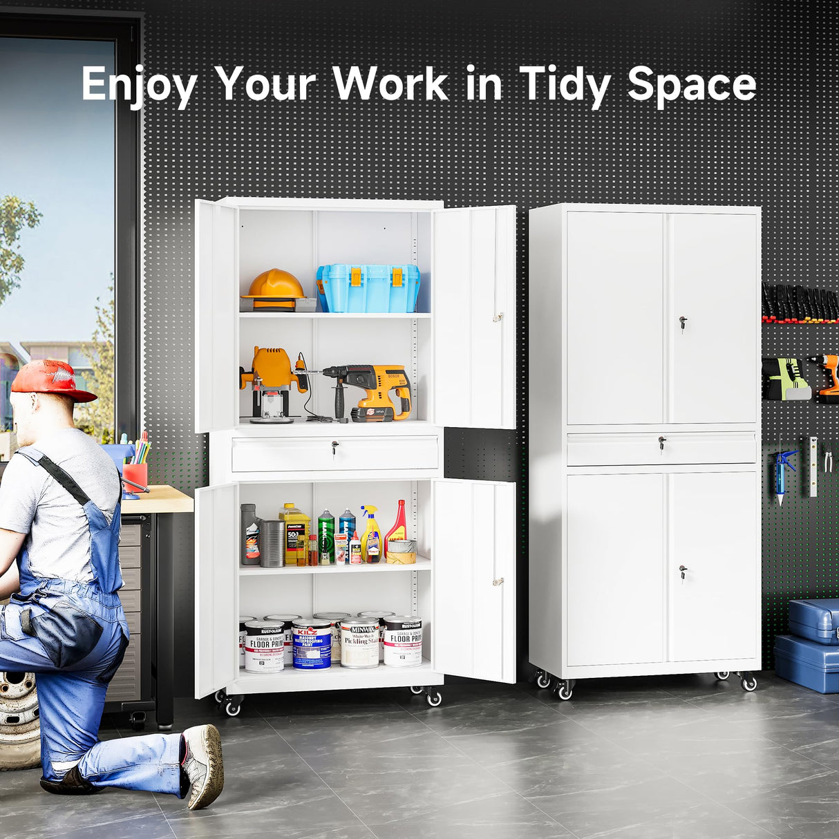 SISESOL White Metal Storage Cabinet with 4 Wheels and 1 Drawer,Rolling Garage Cabinet with Locking Doors and Adjustable Shelves,73" Mobile Tall Large Metal Cabinet for Home,Office,Garage,Shop SISESOL