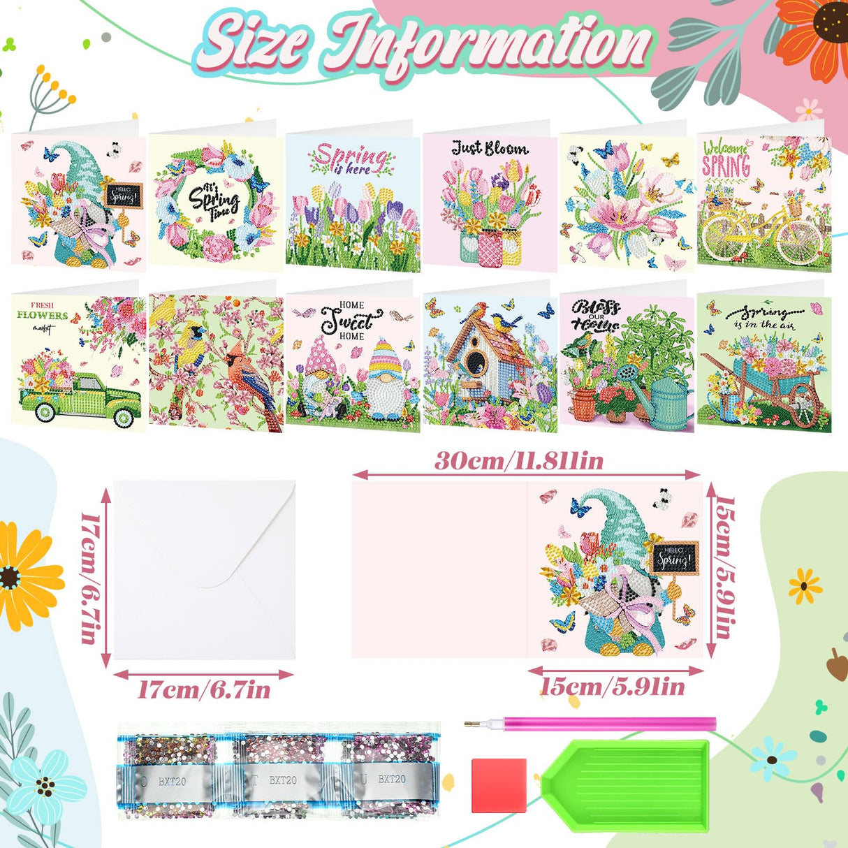 Saillong 12 Pack Spring Diamond Painting Greeting Card Kits Easter Diamond Art Cards with Envelopes Gnome Tulips Flowers 5d Rhinestones Painting Kits for Adults DIY Crafts Family Friend Spring Gifts Saillong