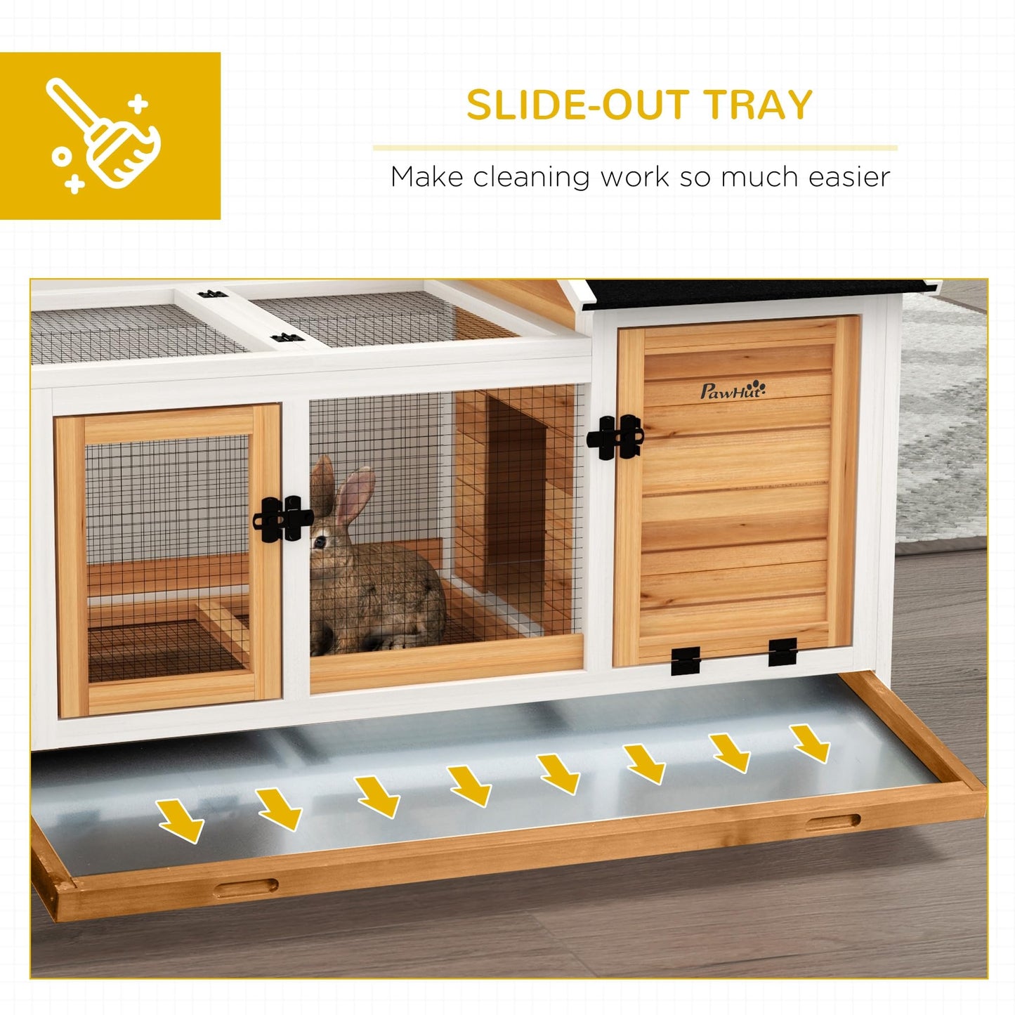 PawHut Indoor Outdoor Wooden Rabbit Hutch with Wheels, Large Bunny Hutch with Run & Slide-Out Tray for Small Animals, Guinea Pig, Yellow