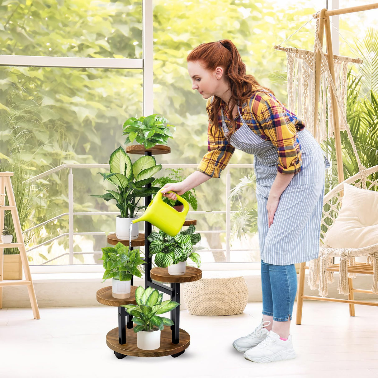 GEEBOBO 5 Tier Plant Stand With 4 Wheels, Metal Wood Tall Plant Stands For Indoor Plants Multiple, Corner Tiered Flower Plants Shelf Stand for Living Room Bedroom, Brown GEEBOBO