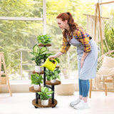 GEEBOBO 5 Tier Plant Stand With 4 Wheels, Metal Wood Tall Plant Stands For Indoor Plants Multiple, Corner Tiered Flower Plants Shelf Stand for Living Room Bedroom, Brown GEEBOBO