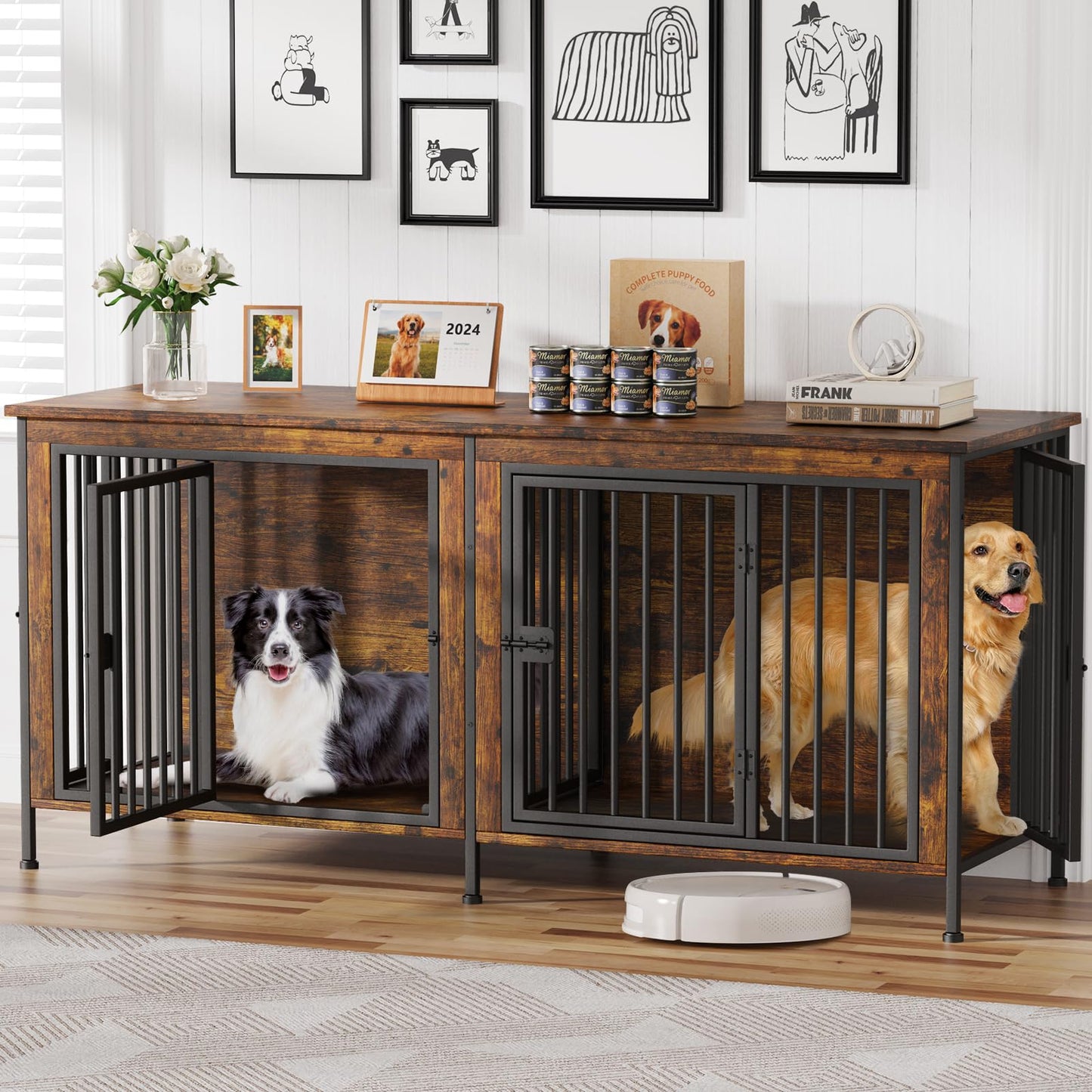 EasyCom 78 Inch Dog Cage Furniture for 2 Dogs, Extra Large Double Dog Crate Furniture Large Breed, XXL Thick Wooden Dog Crate Furniture TV Stand, Sturdy Dog Kennel Furniture Dog Crate with Di - WoodArtSupply