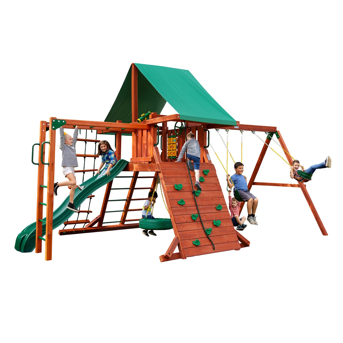 Gorilla Playsets 01-0011 Sun Valley II Wood Swing with Monkey Bars, Tire Swing, and Rock Wall, Redwood