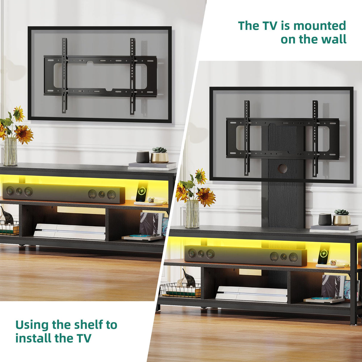 YITAHOME Black TV Stand with Mount, Modern TV Stand for 70/65 inch TV LED Entertainment Center with Adjustable Mount & Power Outlet, TV Console Cabinet, Black YITAHOME