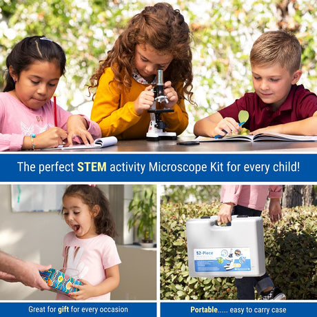 AmScope 120X-1200X 52-pcs Beginner Microscope STEM Kit with Metal Body Microscope, Plastic Slides, LED Light and Carrying Box (M30-ABS-KT2-W),White AmScope